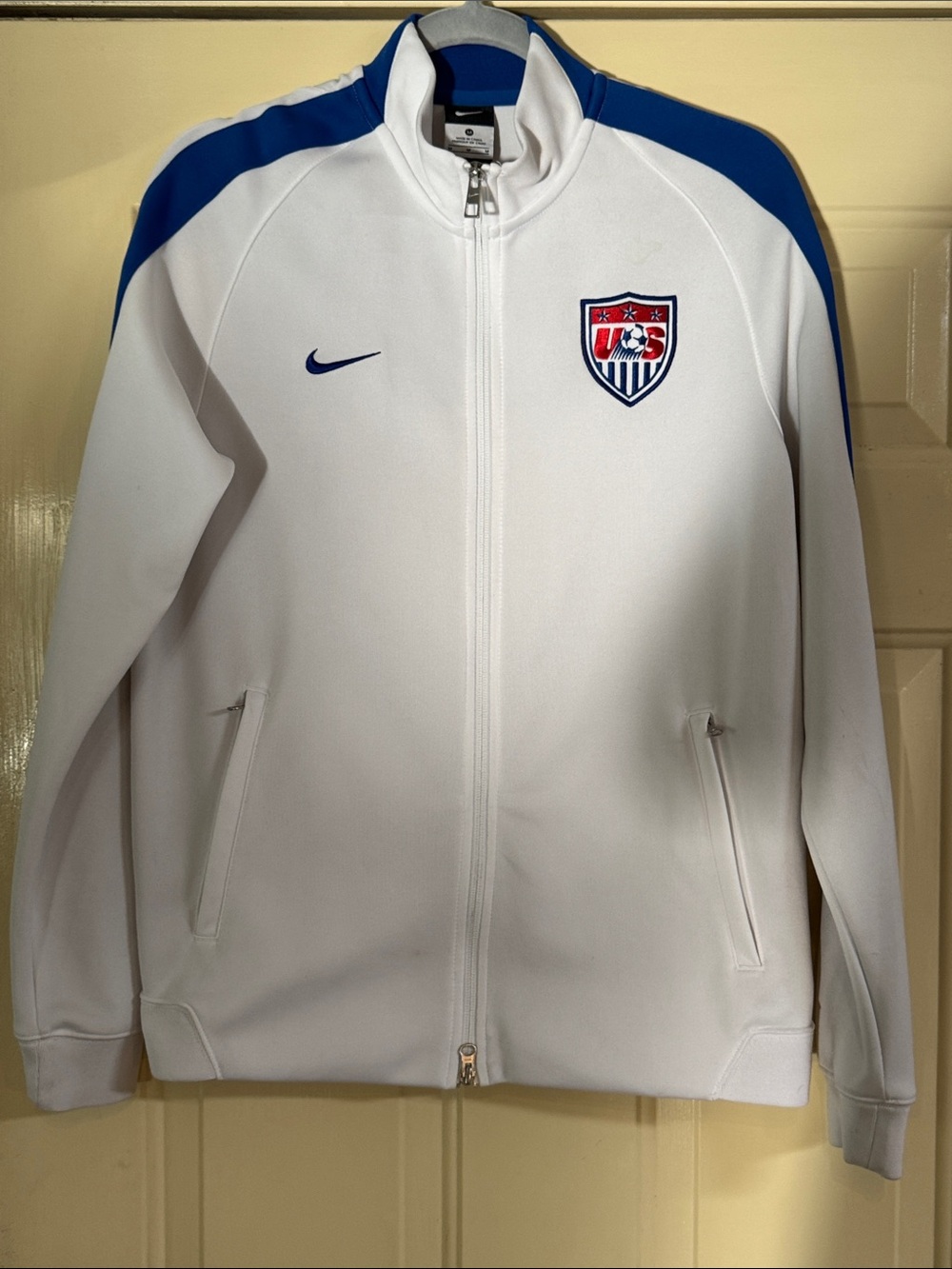 Nike White Track Jacket with Blue Accents and US Soccer Crest